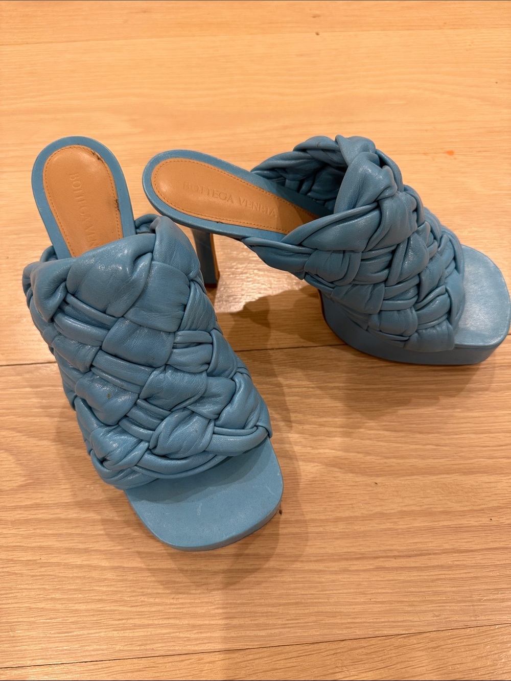 Bottega Veneta Sky Blue Braided Leather Platform Mules